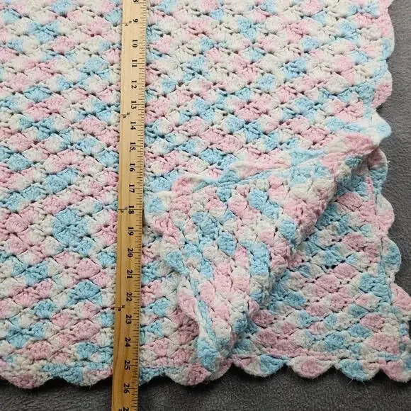 Hand Knit Crochet Blanket Baby Blue Pink White Afghan Throw 31" x 52" - Picture 6 of 6